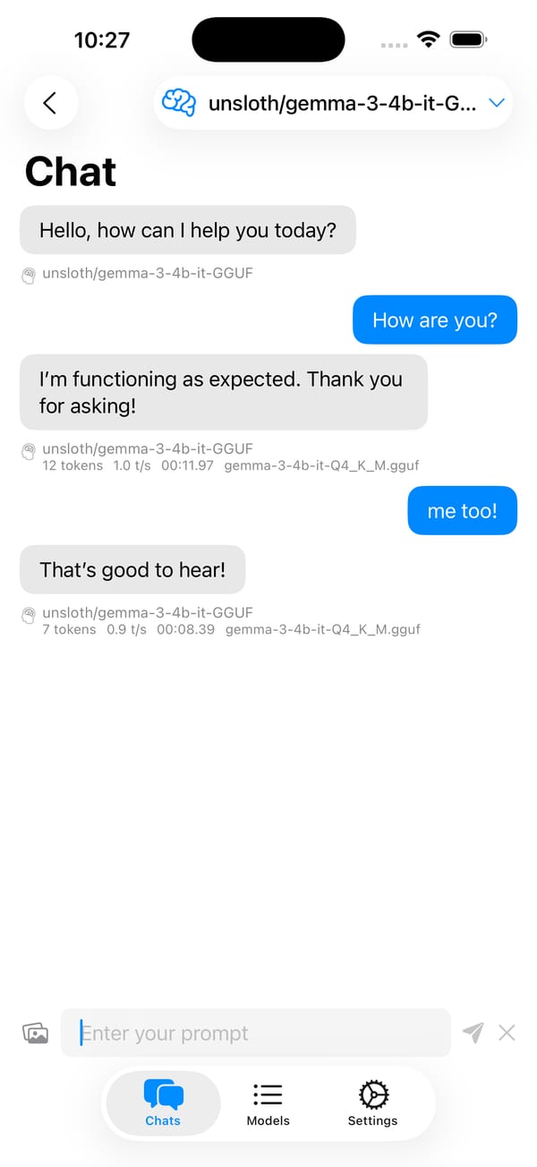 NeutralLM chat on iPhone, a conversation with a local Gemma 3 model