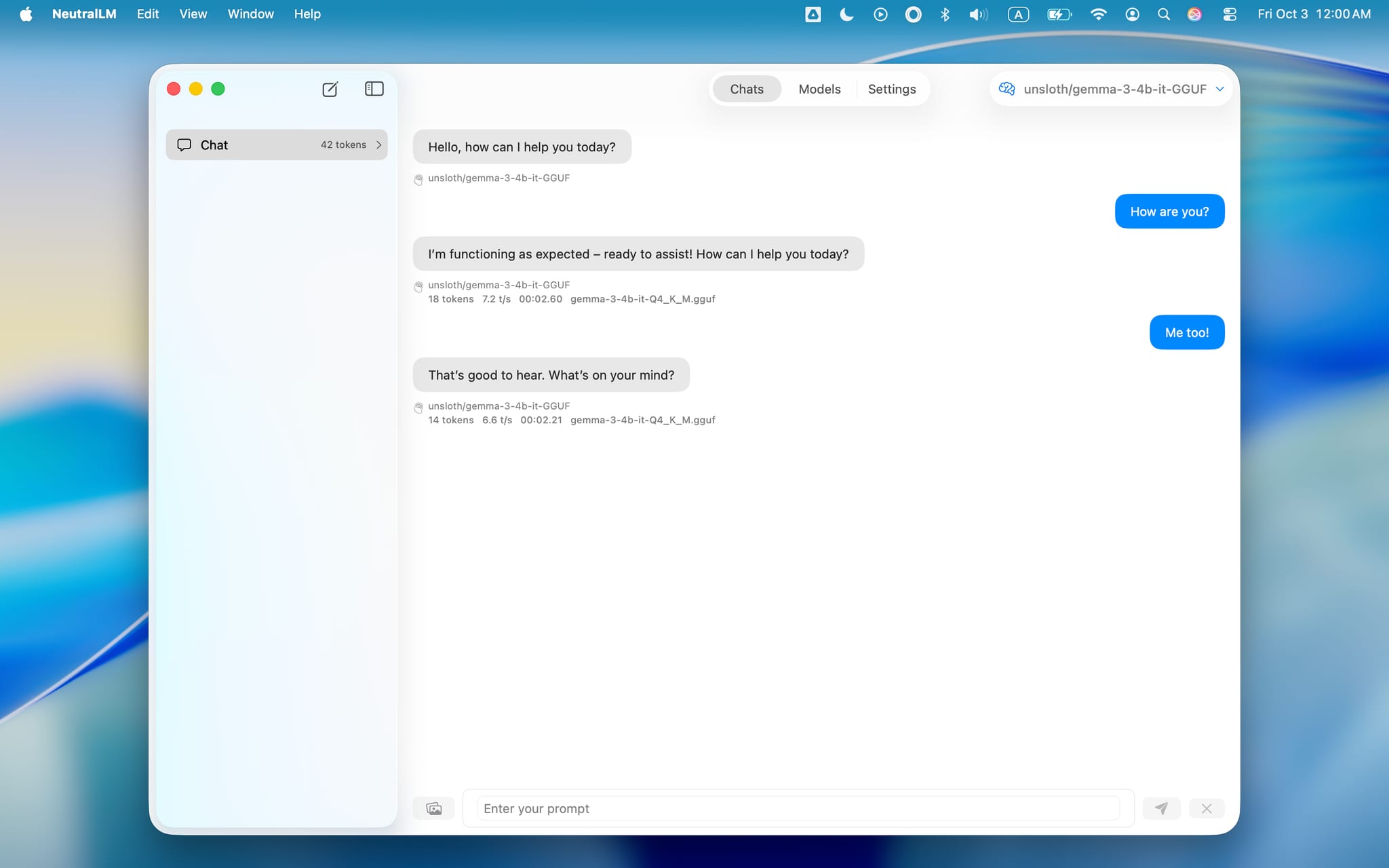 NeutralLM on Mac, chat window with sidebar showing model download and token metrics